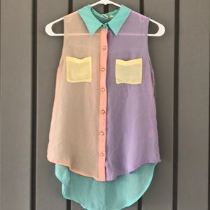 NWOT Colorful Button-Up Shear Blouse (high-low)